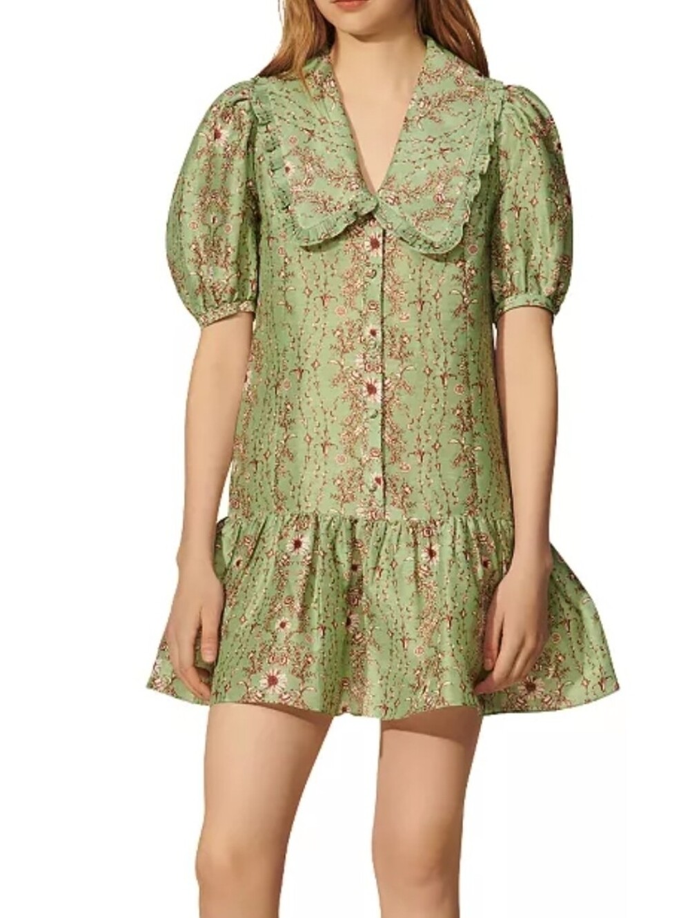 Women's Sandro Green Toscane Floral Dress Claudine Collar Size 34